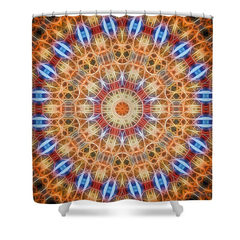 Tao Mandala Decagon Gold Red Blue Barger T-shirt Scarf Neon Electric Glow Square Shower Curtain featuring the painting Neon Mandala #12 - Gold by Will Barger