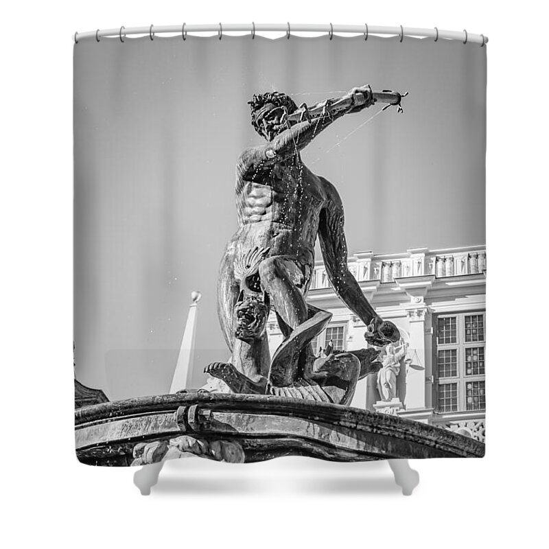 City Shower Curtain featuring the photograph Neptune's fountain, Gdansk BW by Mariusz Talarek