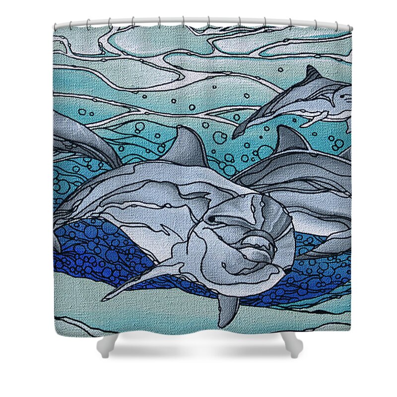Dolphins Shower Curtain featuring the painting Nereus' Guardians by William Love