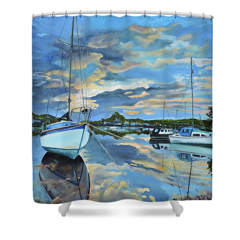 Boats Shower Curtain featuring the painting Nestled in for the Night at Mylor Bridge - Cornwall UK - Sailboat by Jan Dappen