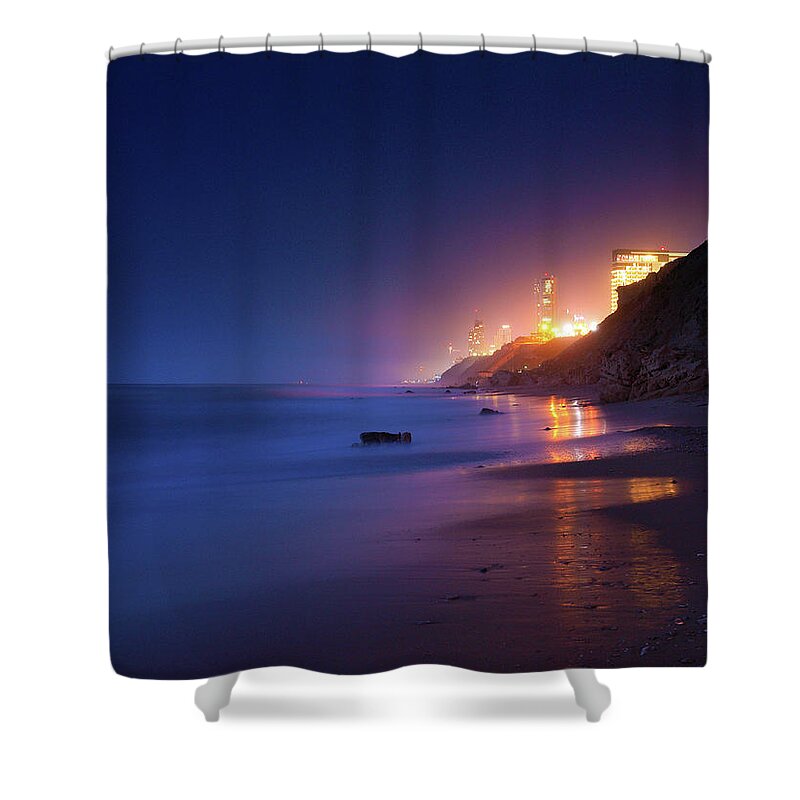 Blue Shower Curtain featuring the photograph Netanya Beach At Night by Meir Ezrachi