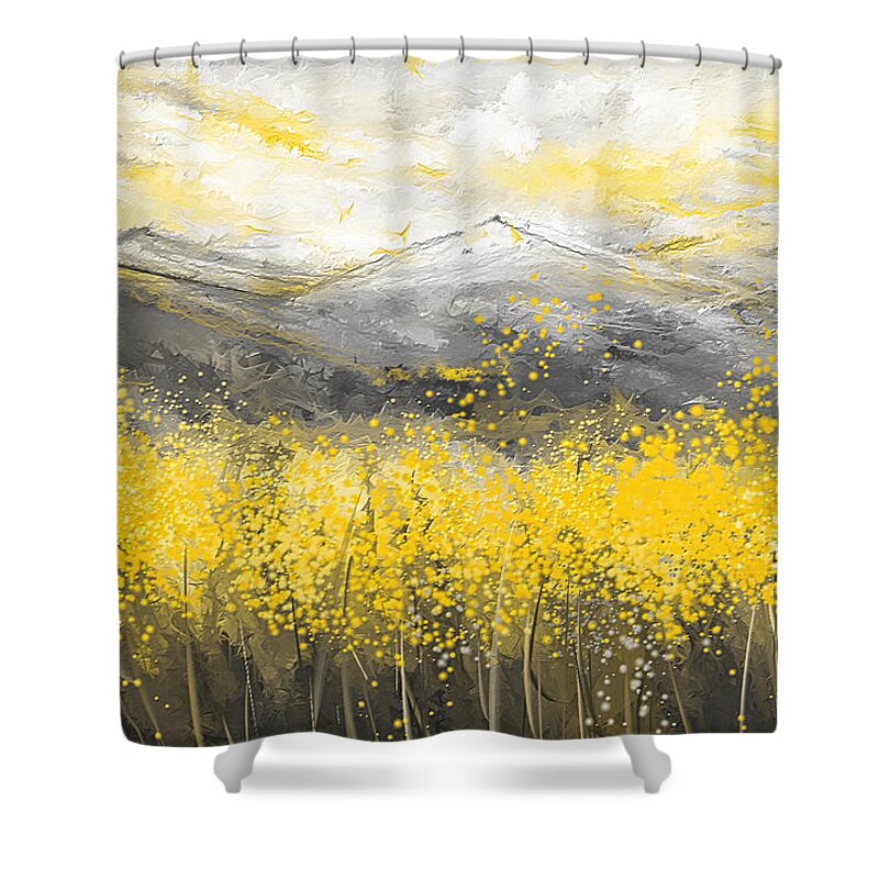 Yellow Shower Curtain featuring the painting Neutral Sun - Yellow And Gray Art by Lourry Legarde