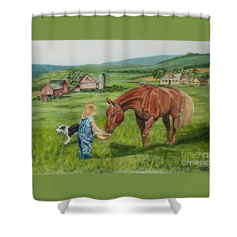 Country Kids Art Shower Curtain featuring the painting New Friends by Charlotte Blanchard
