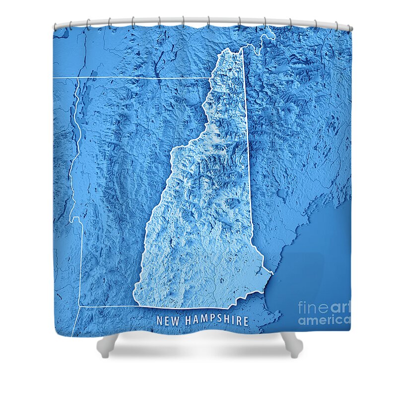 New Hampshire Shower Curtain featuring the digital art New Hampshire State USA 3D Render Topographic Map Blue Border by Frank Ramspott