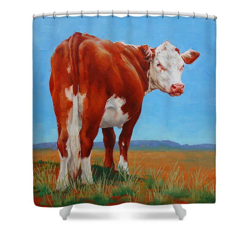 Cow Shower Curtain featuring the painting New Horizons Undecided by Margaret Stockdale