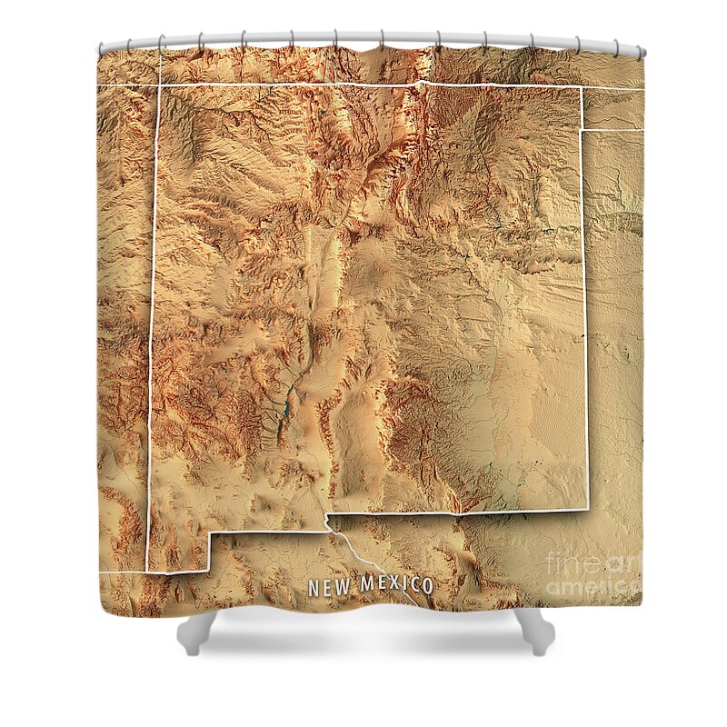 New Mexico Shower Curtain featuring the digital art New Mexico State USA 3D Render Topographic Map Border by Frank Ramspott