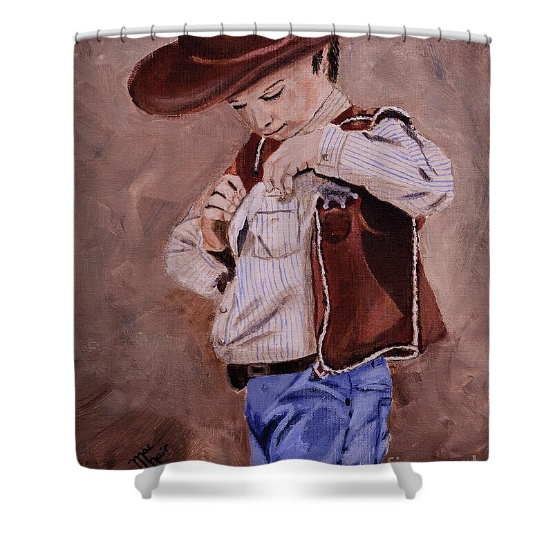 Cowboy Shower Curtain featuring the painting New Sheriff in Town by Jackie MacNair