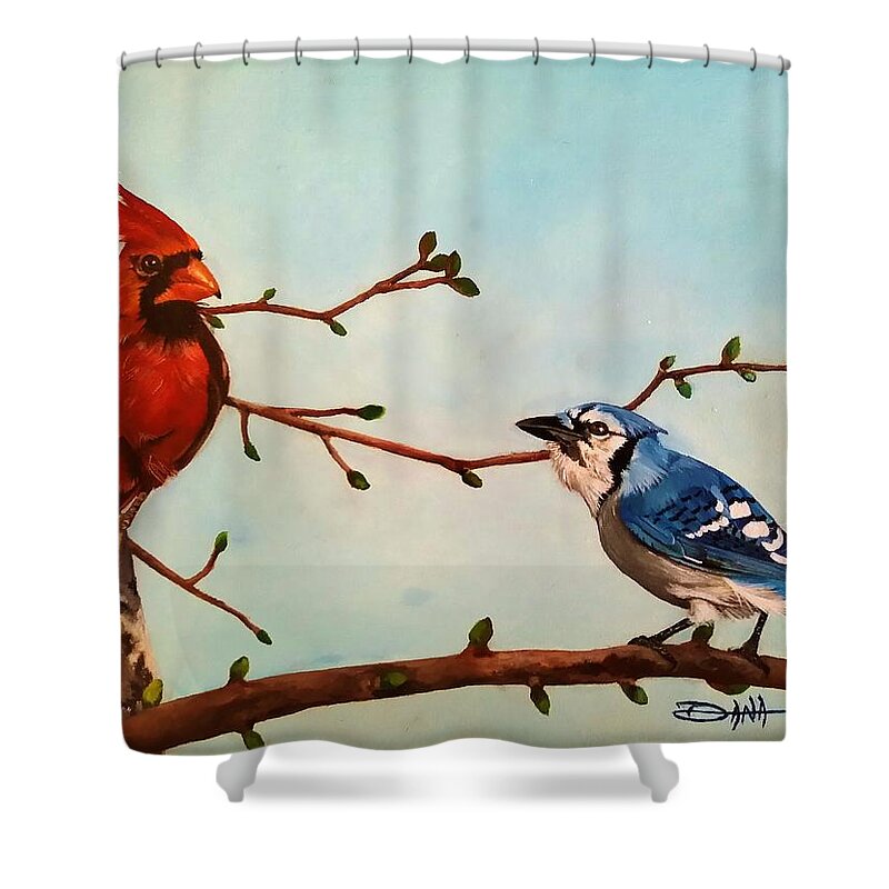 Birds Shower Curtain featuring the painting New buds of spring by Dana Newman