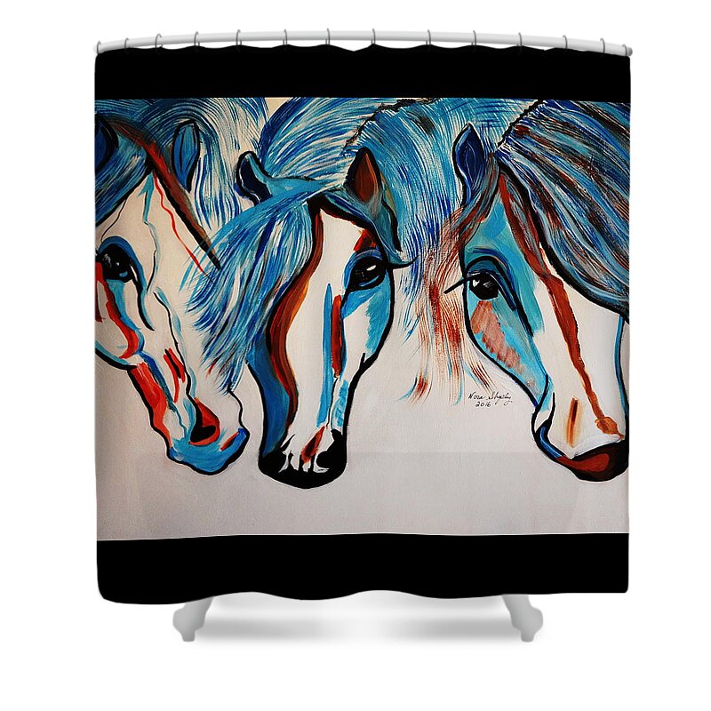 The 3 Amigos Shower Curtain featuring the painting New The 3 Amigos by Nora Shepley