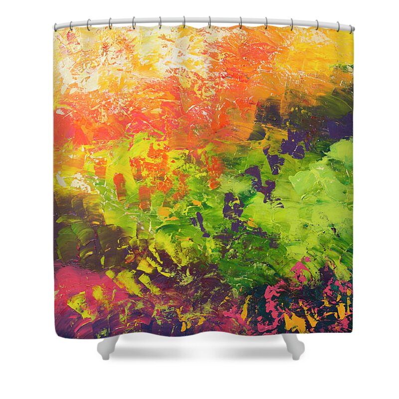 Abstract Shower Curtain featuring the mixed media Irises by Linda Bailey