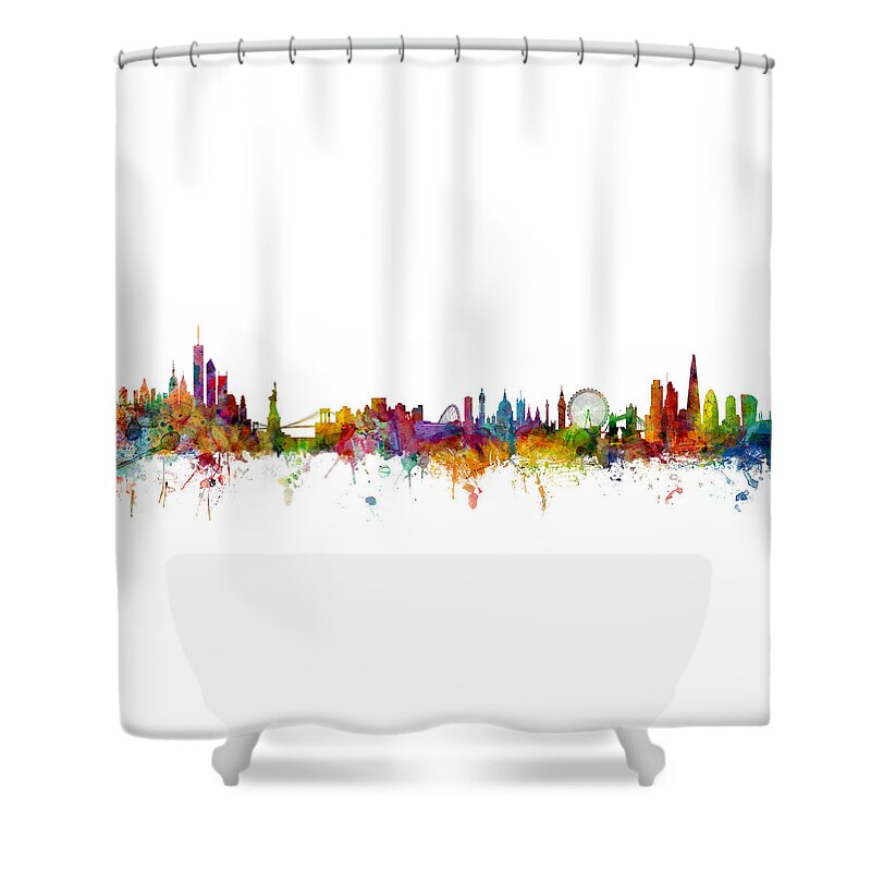 Cityscape Shower Curtain featuring the digital art New York and London Skyline Mashup by Michael Tompsett