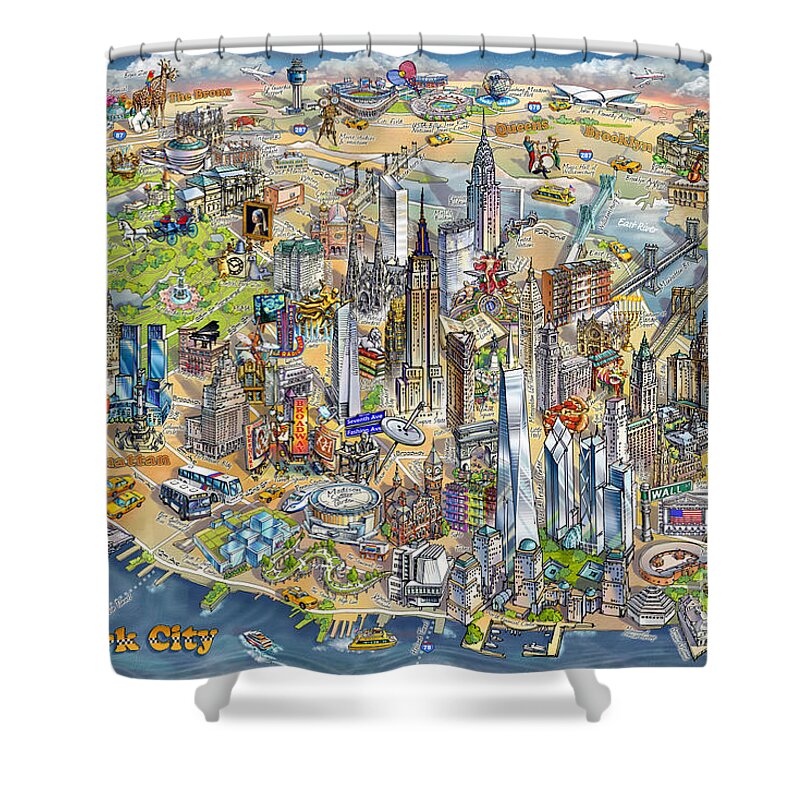 Manhattan Shower Curtain featuring the painting New York City Illustrated Map by Maria Rabinky