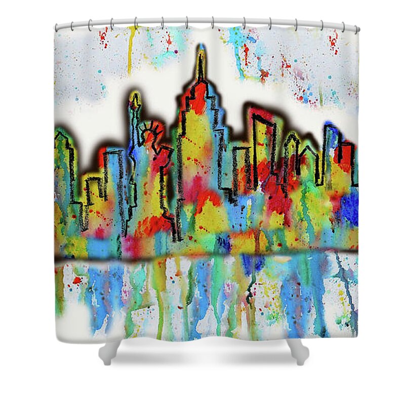 New York Usa Skyline Skyline Of New York Urban Mixed Media American City Skyline Watercolour Silhouette Cityscape Urban Leon Zernitsky Colourful Day View Shower Curtain featuring the painting New York City Skyline Cityscape by Leon Zernitsky