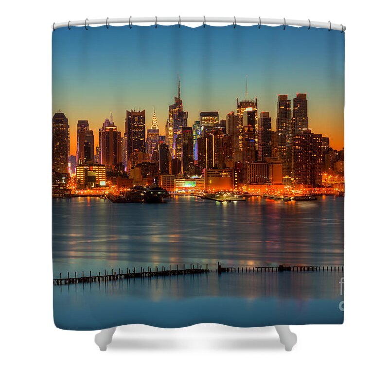 Clarence Holmes Shower Curtain featuring the photograph New York City Skyline Morning Twilight V by Clarence Holmes