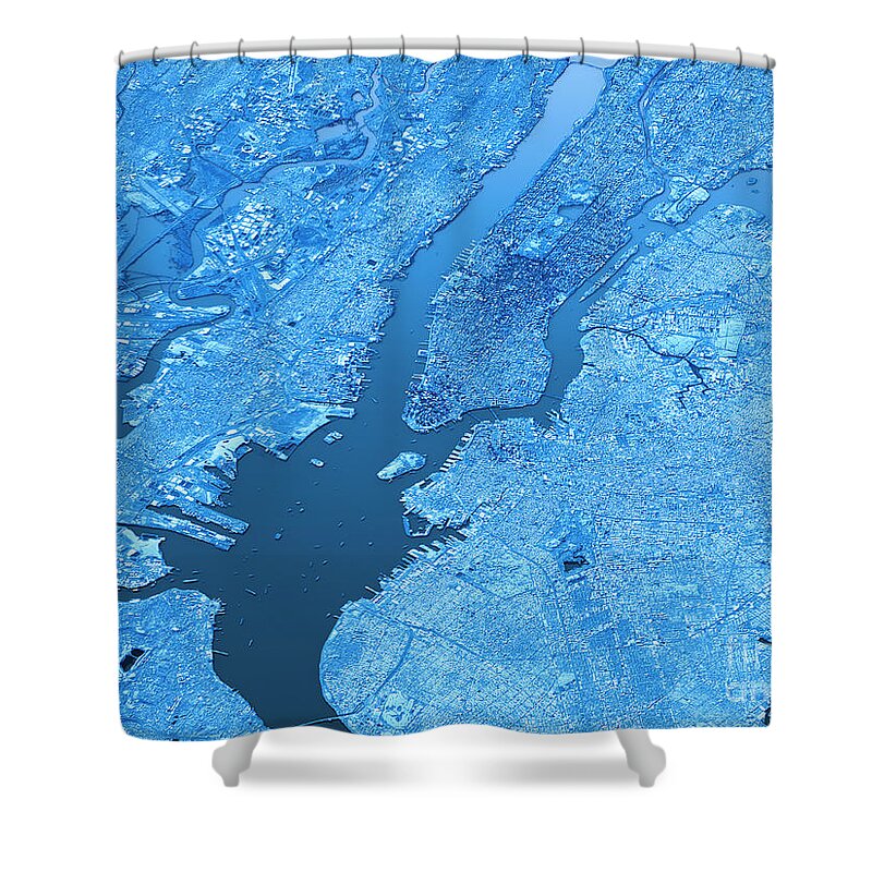 New York City Shower Curtain featuring the digital art New York City Topographic Map 3D Landscape View Blue Color by Frank Ramspott