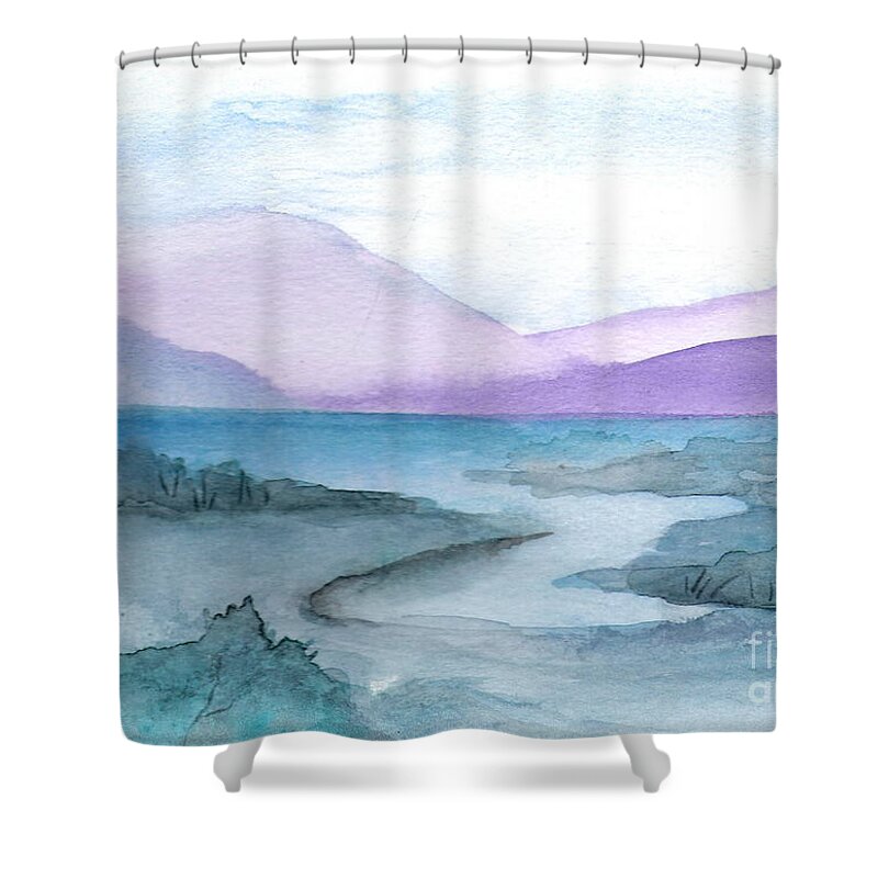 Water Blue Green Purple Seascape Landscape Painting Watercolor Shower Curtain featuring the painting New York Quiet by Marsha Woods