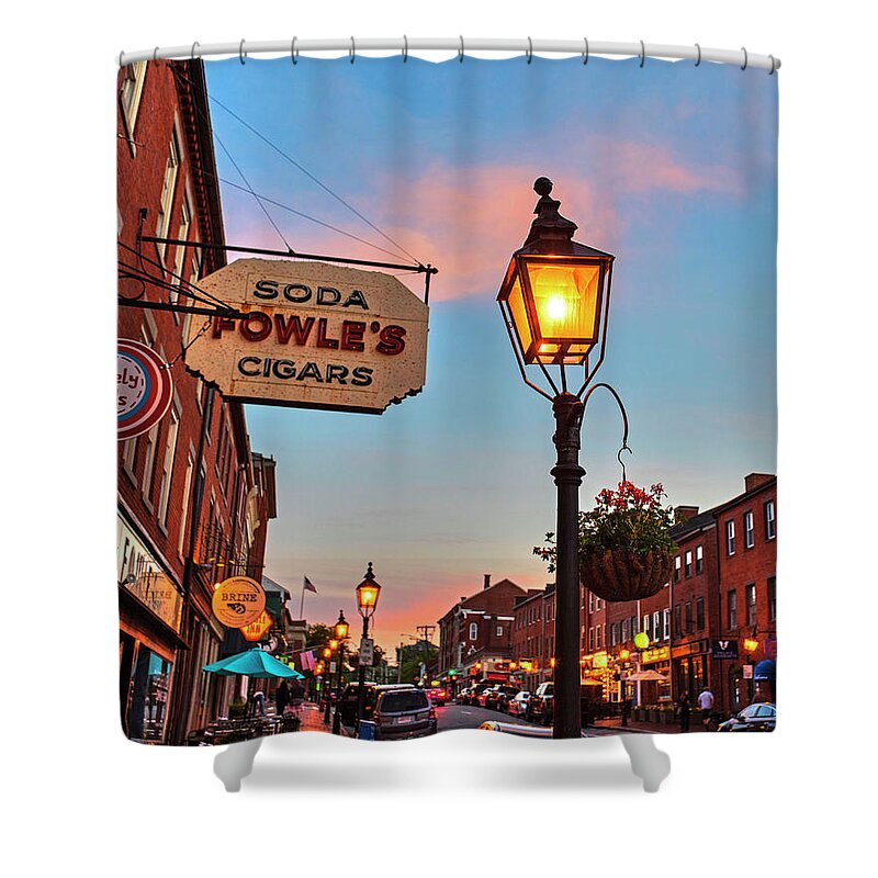 Newburyport Shower Curtain featuring the photograph Newburyport MA High Street Lanterns at Sunset Fowle's by Toby McGuire
