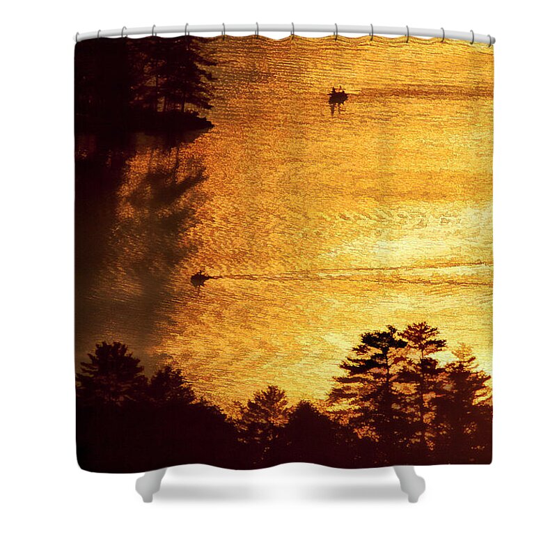 New Found Lake Shower Curtain featuring the photograph Newfound Lake Boats on Golden Waters by Xine Segalas