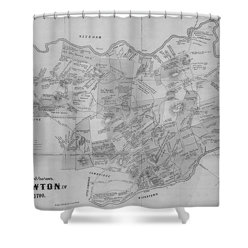 Newton Shower Curtain featuring the digital art Newton MA city plans from 1700 black and white by Toby McGuire