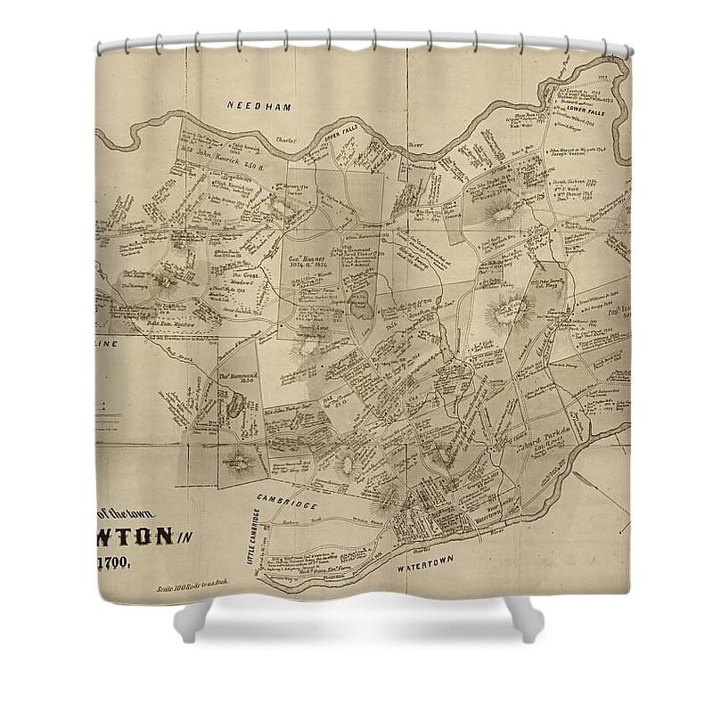 Newton Shower Curtain featuring the digital art Newton MA city plans from 1700 sepia by Toby McGuire