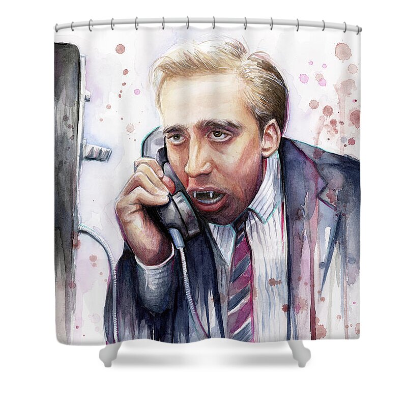 Nicolas Cage Shower Curtain featuring the painting Nicolas Cage A Vampire's Kiss Watercolor Art by Olga Shvartsur