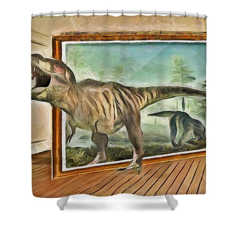 Dinosaur Shower Curtain featuring the painting Night At The Art Gallery - T Rex Escapes by Wayne Pascall