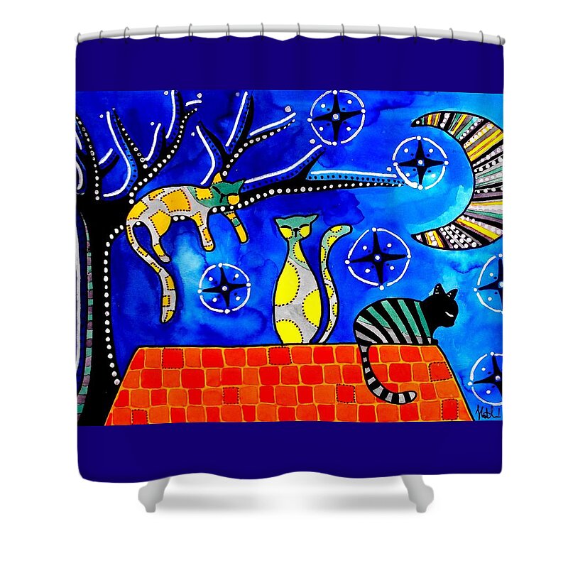 Cat Shower Curtain featuring the painting Night Shift - Cat Art by Dora Hathazi Mendes by Dora Hathazi Mendes