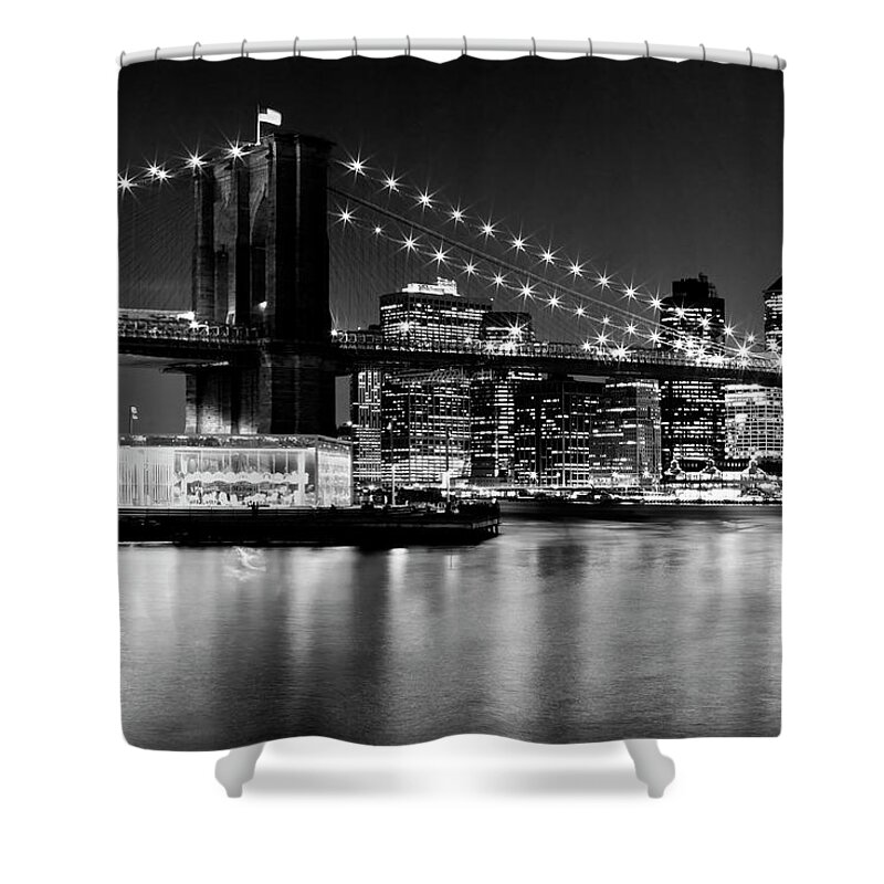 New York Shower Curtain featuring the photograph Night Skyline MANHATTAN Brooklyn Bridge - Monochrome by Melanie Viola