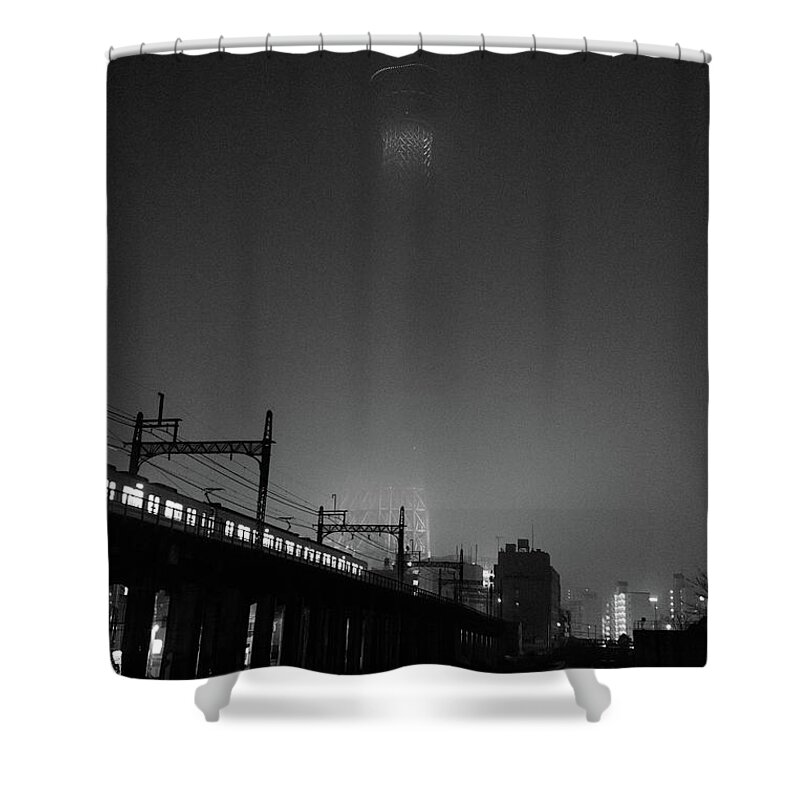  Black Shower Curtain featuring the photograph Night Skytree, Asakusa Tokyo, Japan by Perry Rodriguez