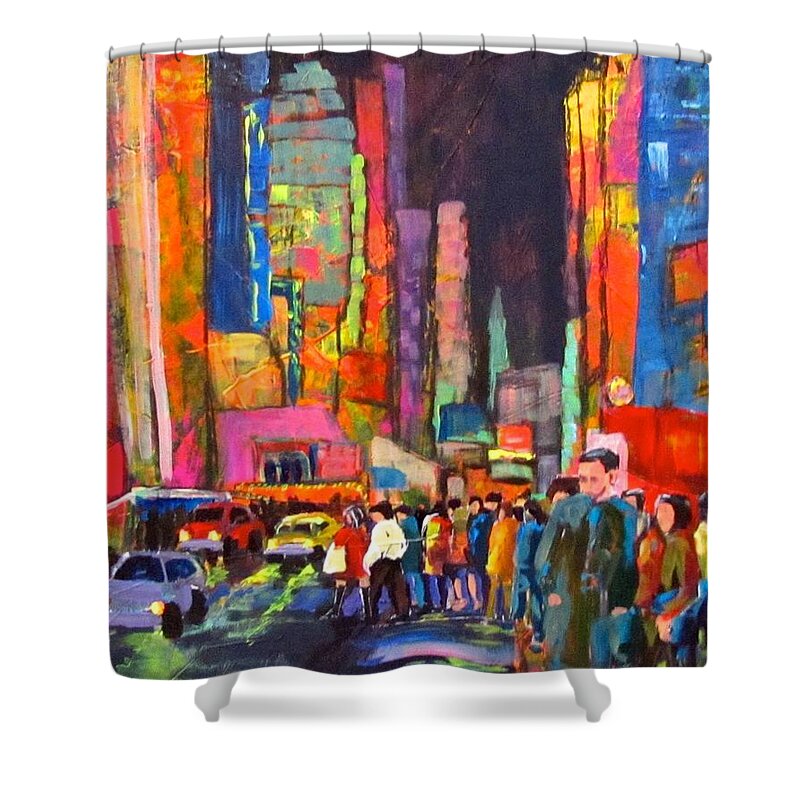 Night Shower Curtain featuring the painting Night Street in Theater District by Barbara O'Toole