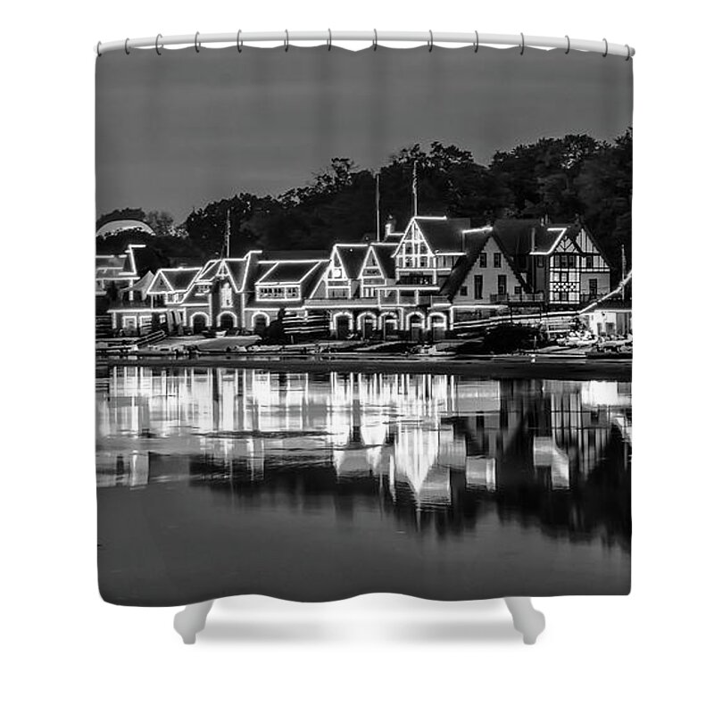 Nightshot Shower Curtain featuring the photograph Nightshot of Boathouse Row in Philadelphia in Black and White by Bill Cannon