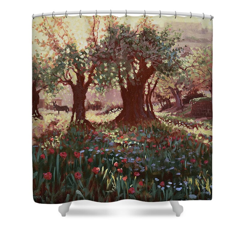  Shower Curtain featuring the painting Nimrods Castle, Northern Galilee, Israel by Graham Braddock