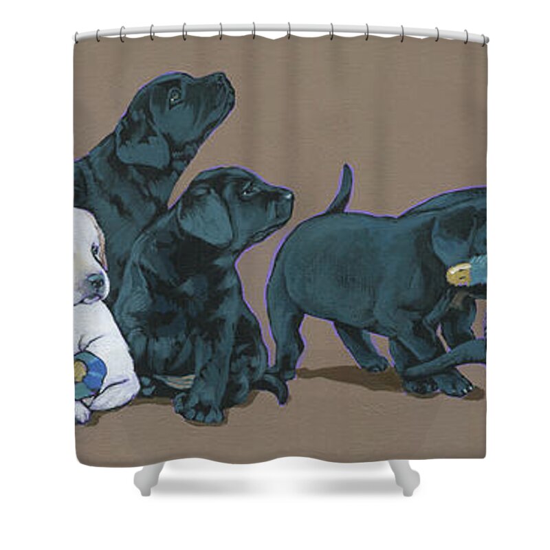 Labrador Retriever Shower Curtain featuring the painting Nine Lab Puppies by Nadi Spencer