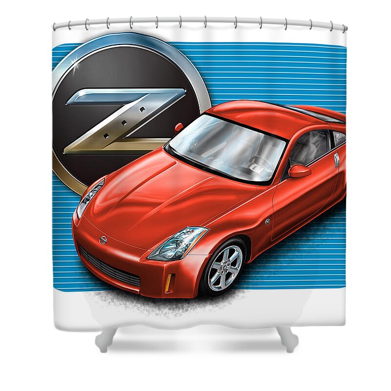 Nissan Shower Curtain featuring the digital art Nissan Z350 Red by David Kyte
