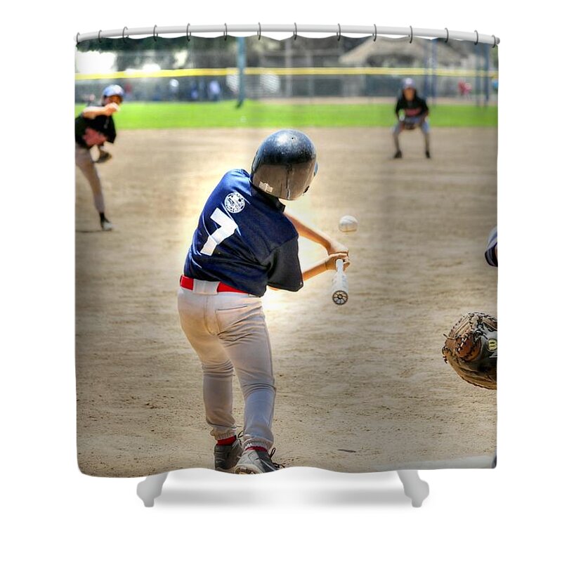 Little League Shower Curtain featuring the photograph No. 7 At Bat by Richard Omura