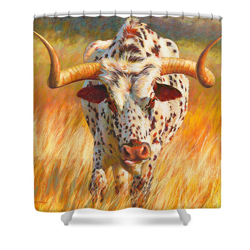 Cow Shower Curtain featuring the pastel No Bull by Rita Kirkman