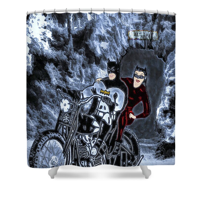 Batman Shower Curtain featuring the drawing No Catwoman, This Is Not A Date by Pennie McCracken
