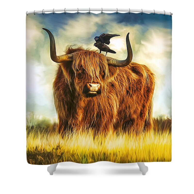 Cow Shower Curtain featuring the painting No Crow About It by Tina LeCour