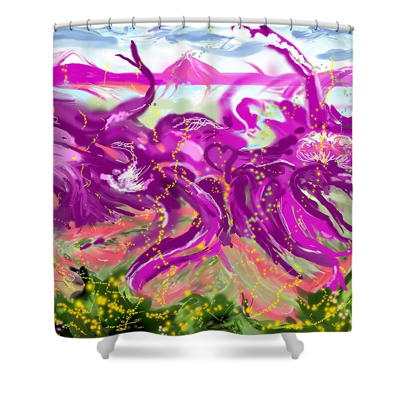 Abstract   Imaginary Seascape Purple Shower Curtain featuring the digital art No LSD Involved by Suzanne Udell Levinger