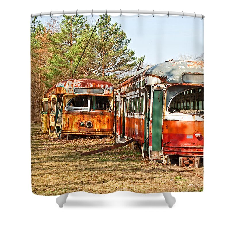 Trolley Shower Curtain featuring the photograph No Stops by Michael Porchik
