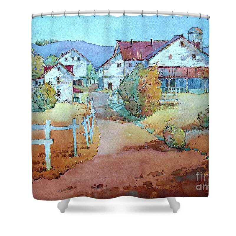 Farm Shower Curtain featuring the painting No Work on Sunday by Joyce Hicks