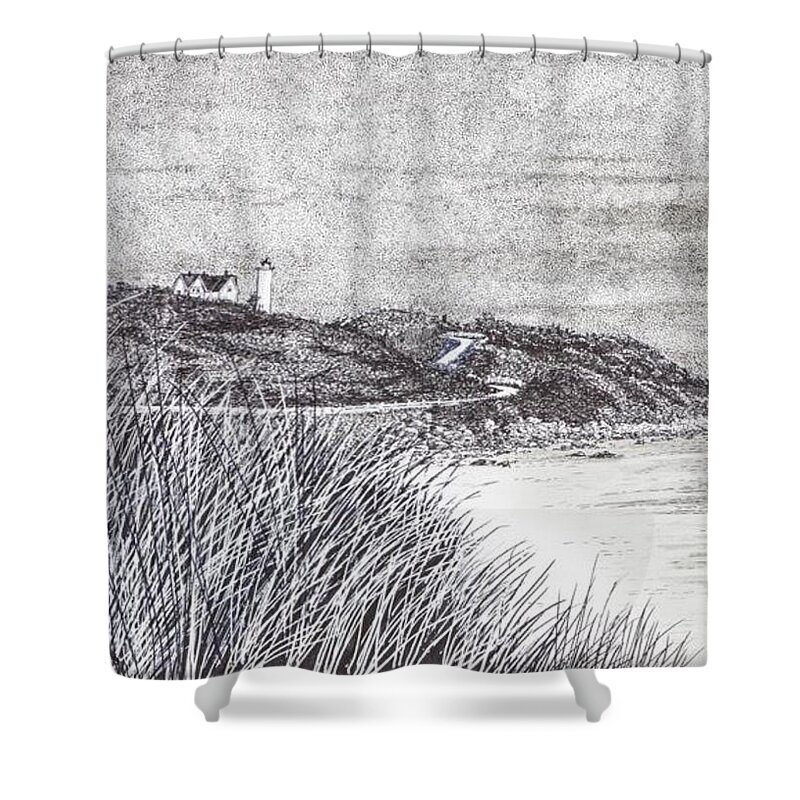 Gallery Shower Curtain featuring the drawing Nobska Lighthouse by Betsy Carlson Cross