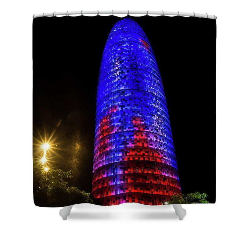 Nocturnal Illumination Shower Curtain featuring the photograph Nocturnal Illumination - Torre Agbar Barcelona Soft Golden Glow by Georgia Mizuleva