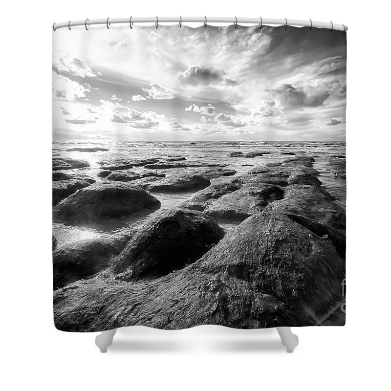 Norfolk Shower Curtain featuring the photograph Norfolk Hunstanton rugged coastline black and white by Simon Bratt