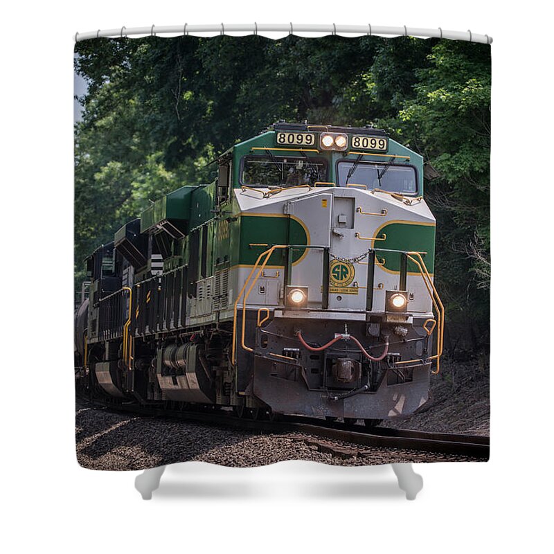 #railroad #railroads Train #trains Shower Curtain featuring the photograph Norfolk Southern Heritage Southern Unit 8099 at Jefferson Township IN by Jim Pearson