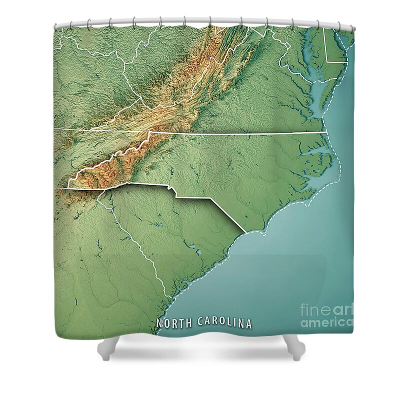 North Carolina Shower Curtain featuring the digital art North Carolina State USA 3D Render Topographic Map Border by Frank Ramspott