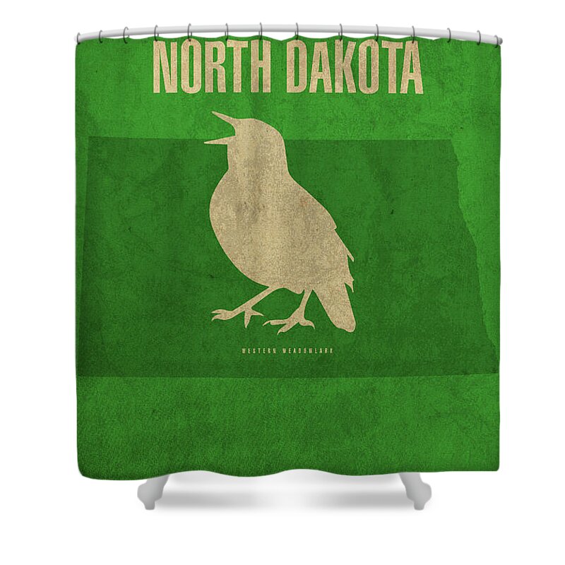 North Dakota Shower Curtain featuring the mixed media North Dakota State Facts Minimalist Movie Poster Art by Design Turnpike
