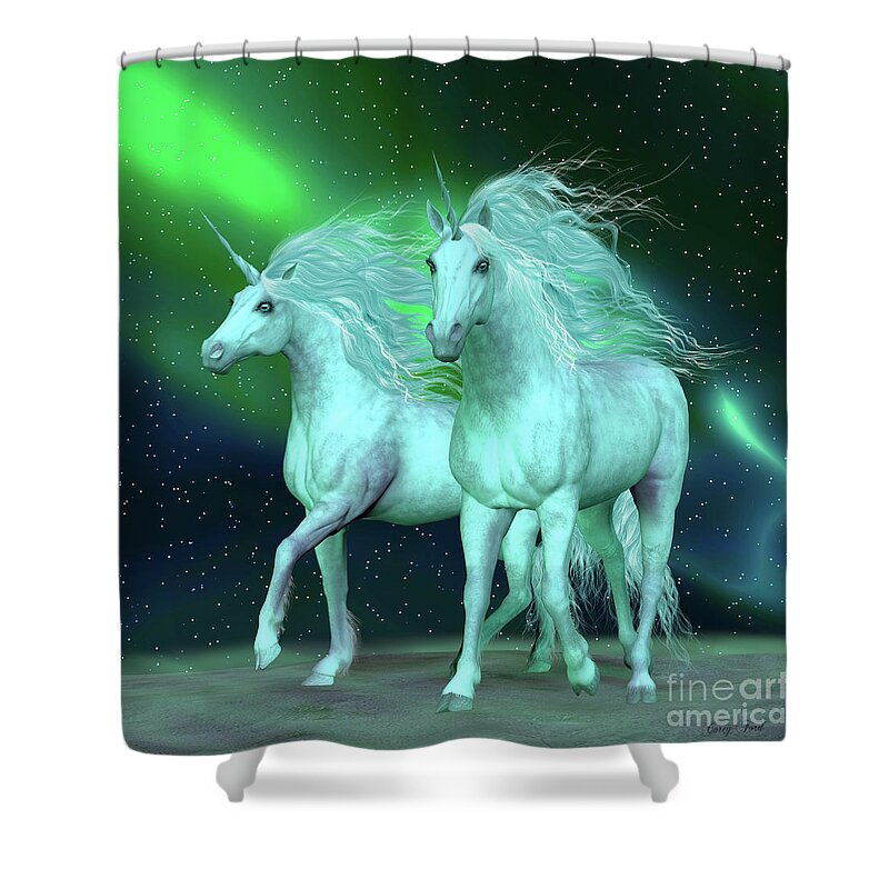 Unicorn Shower Curtain featuring the digital art Northern Lights Unicorns by Corey Ford