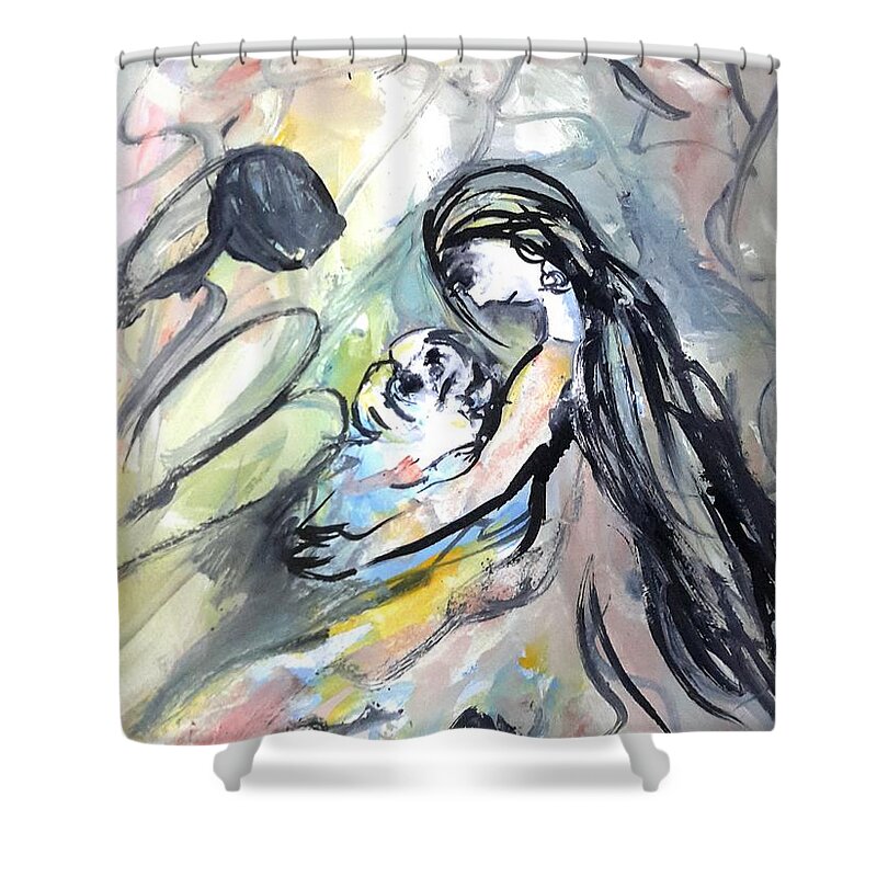  Shower Curtain featuring the painting Not leave your family by Wanvisa Klawklean