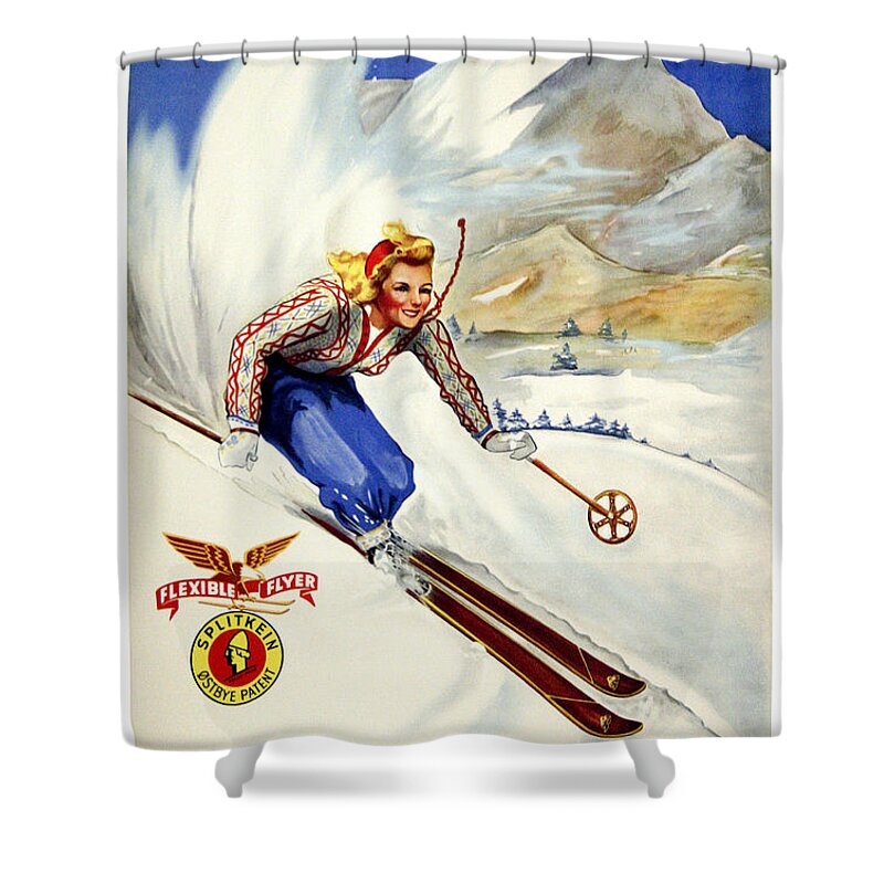 Notchland Shower Curtain featuring the painting Notchland, mountains, winter, ski girl, travel poster by Long Shot